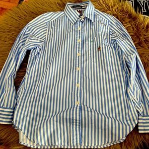 Women’s Tommy Hillfiger Button Dwn Oxford Blue Striped L/s w/ Logo   Shirt VTG